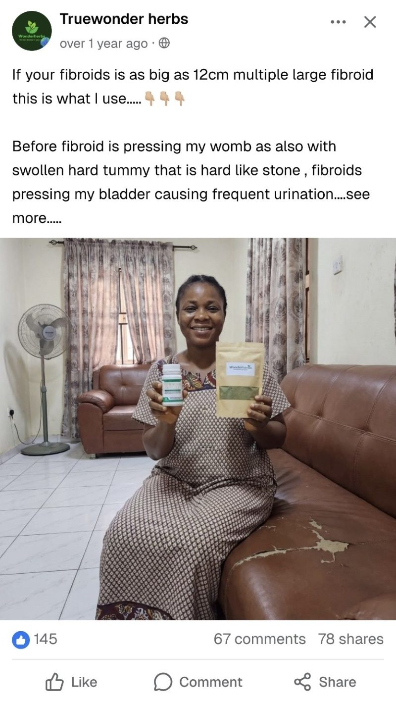 Facebook post from a customer sharing her fibroid support results