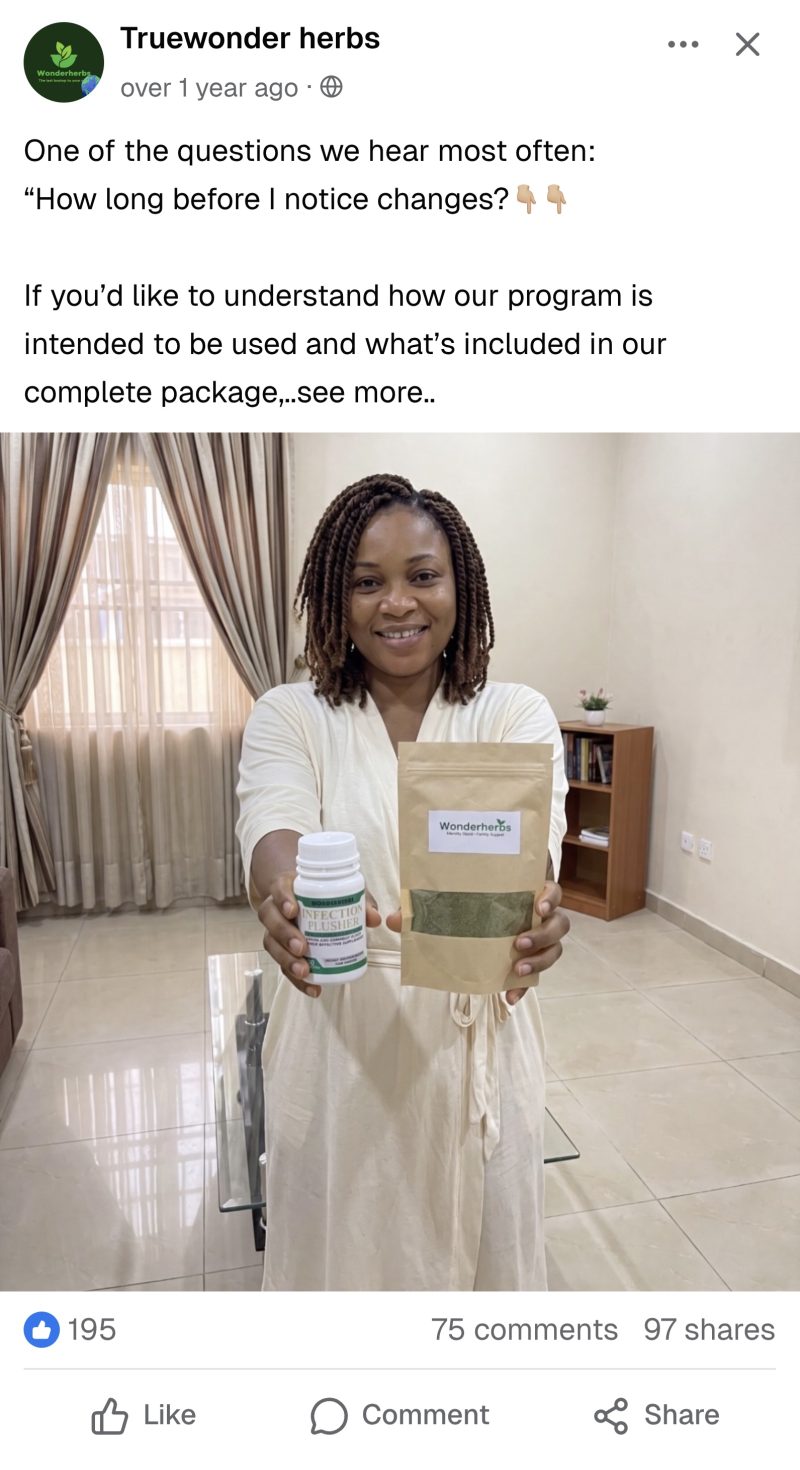 Facebook post explaining how the fibroid support package works
