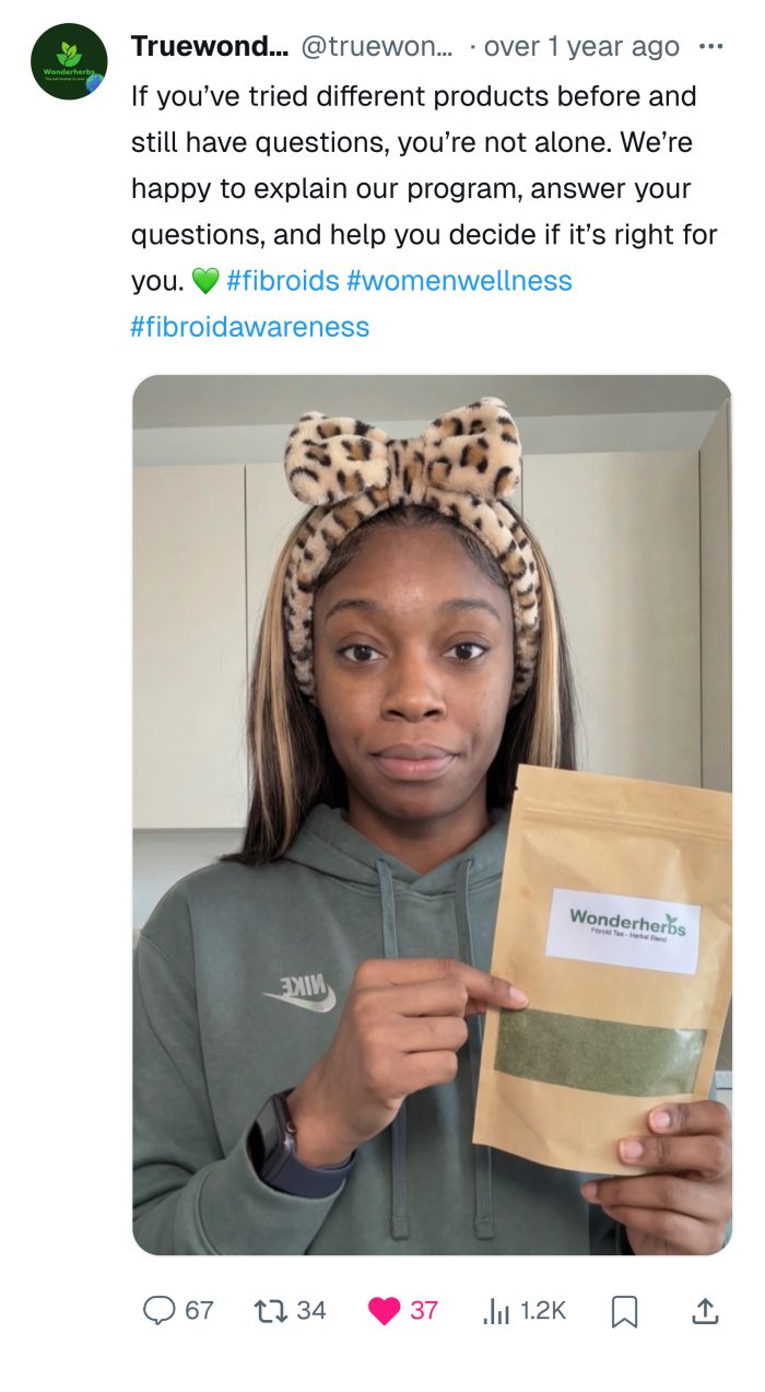 Customer testimonial post holding the Wonderherbs fibroid tea blend