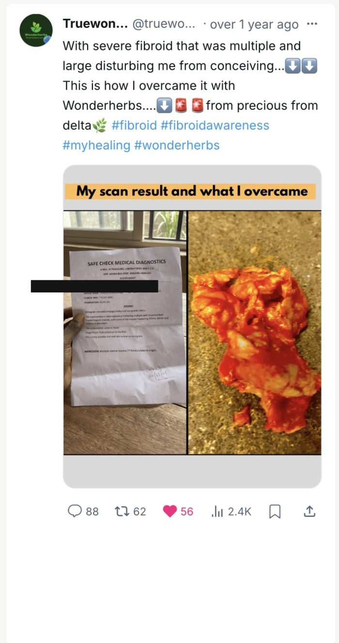 Customer post sharing her scan result and recovery (patient name redacted for privacy)