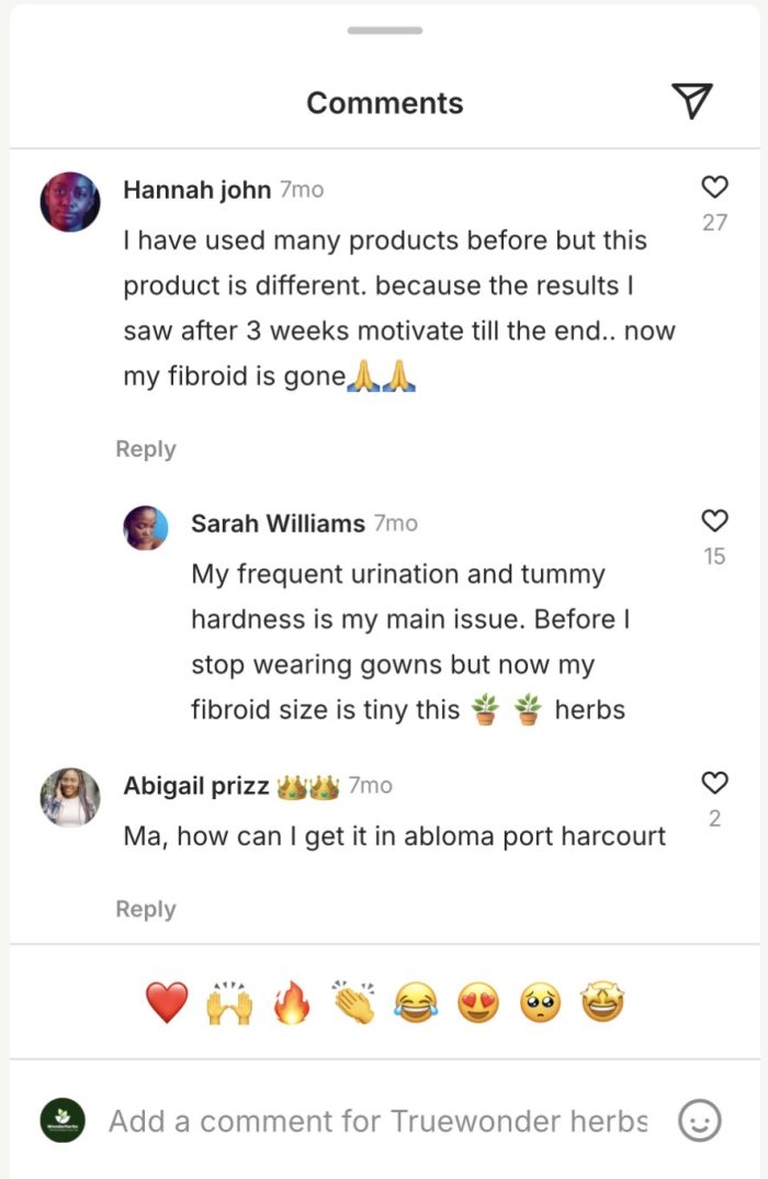 Comment from a customer describing her fibroid support results