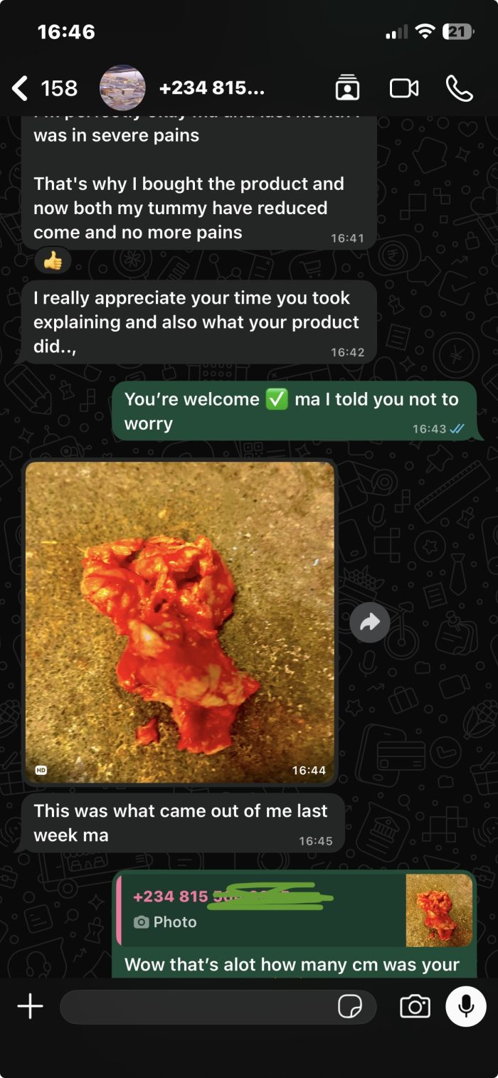 WhatsApp conversation with a customer about her fibroid support results